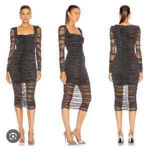 Jonathan Simkhai Zinnia Ruched Midi Dress with Sheer Long Sleeves